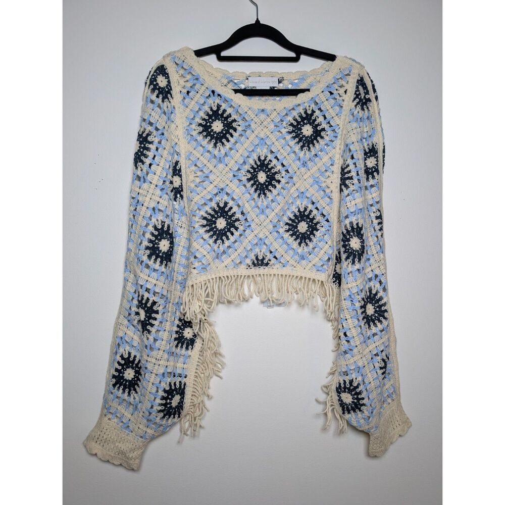 House of Harlow 1960 Boho Crochet Fringe Sweater One Size Blue Ivory Festival - Picture 5 of 8